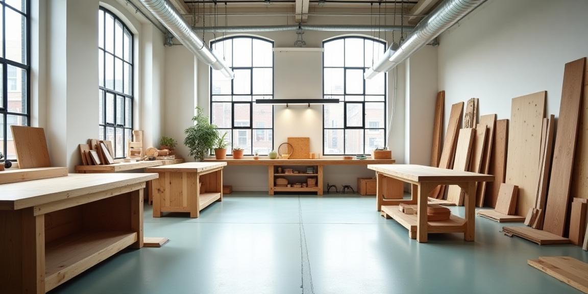 Bright woodworking studio with modern tools and unfinished furniture