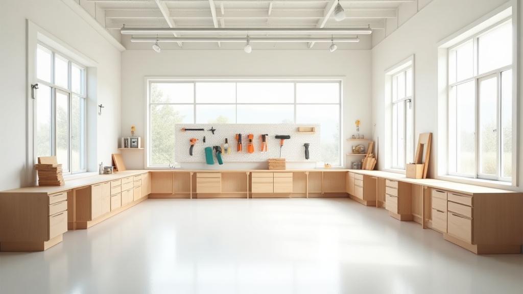 Brightly lit modern DIY workshop with Bauhaus-style furniture