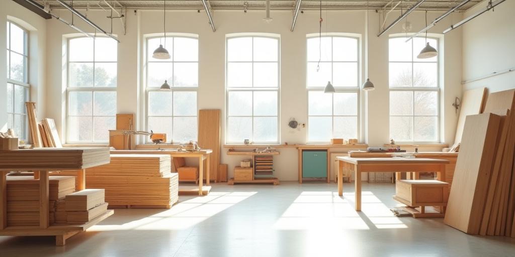Sunlight streaming into the FormCraft HQ workshop space with timber and tools