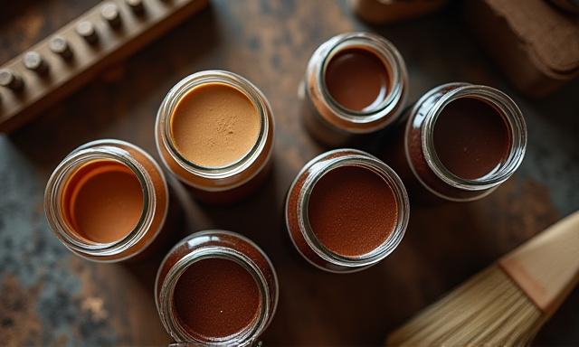 Assorted jars of eco-friendly wood stains and brushes