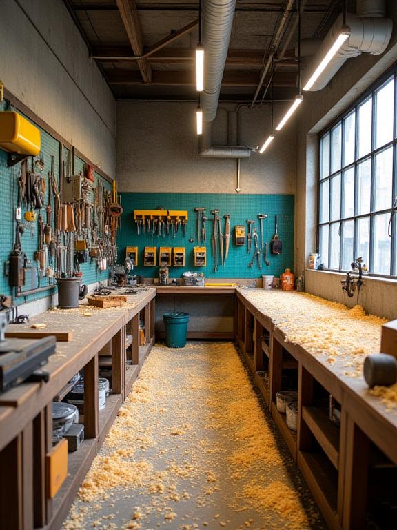 Artisans working in a brightly lit industrial carpentry studio